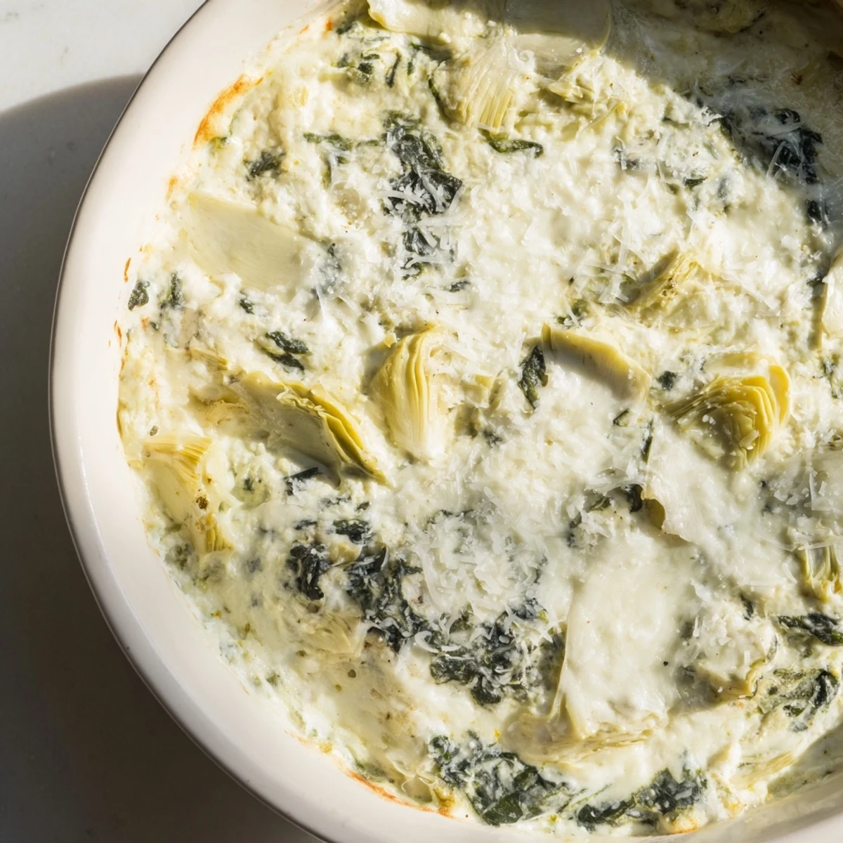 Bubbly spinach and artichoke dip baked golden in a ceramic dish, ready for dipping with tortilla chips.