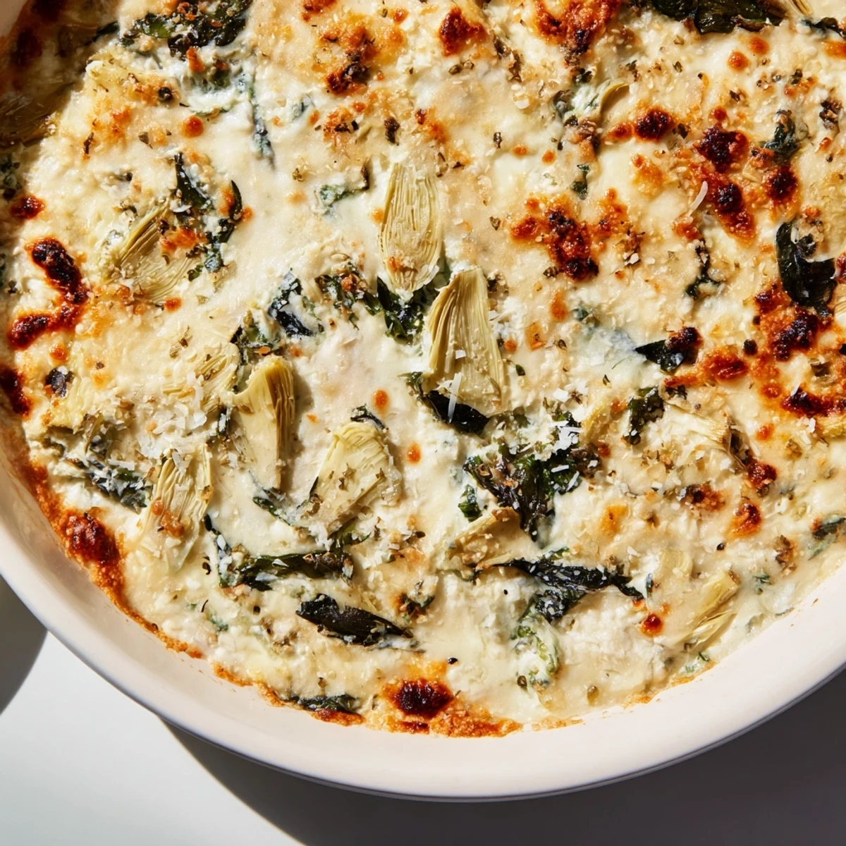 A creamy, cheesy spinach and artichoke dip fresh from the oven, garnished with a sprinkle of Parmesan.