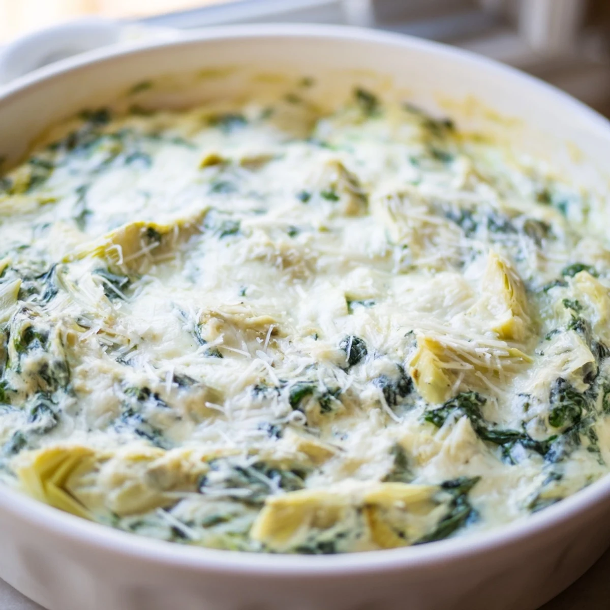 Spinach and artichoke dip served warm alongside crunchy baguette slices and crisp vegetable sticks at a party.