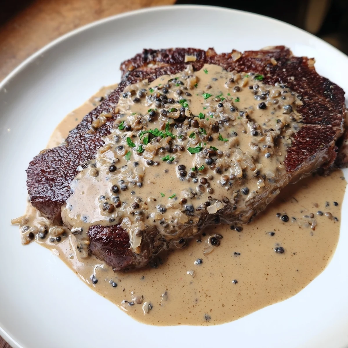 A juicy, seared ribeye steak resting under a generous drizzle of creamy peppercorn sauce, served with golden French fries.  