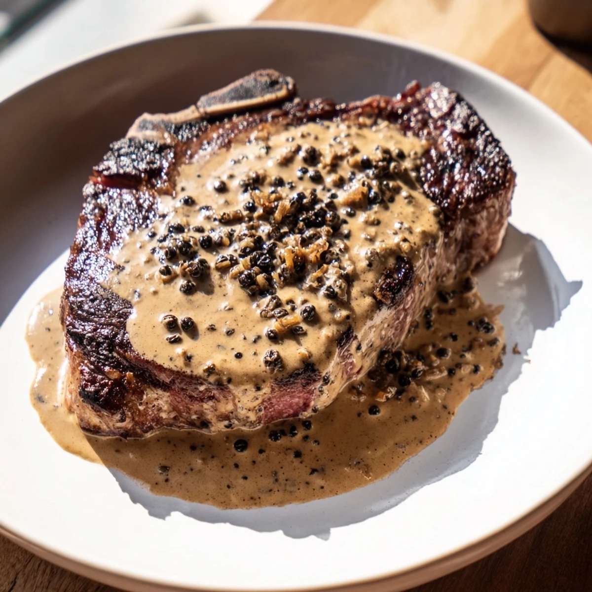 Perfectly cooked medium-rare steak topped with a rich, velvety peppercorn sauce, garnished with fresh herbs on a rustic plate.  