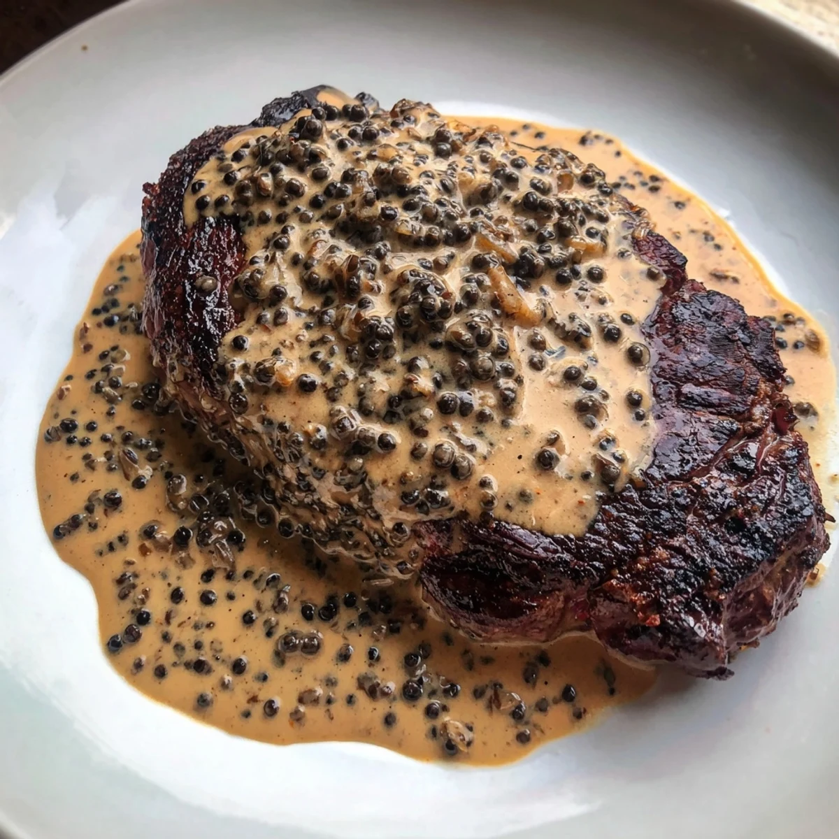 Sizzling steak from a hot skillet coated in aromatic brandy and peppercorn sauce, accompanied by creamy mashed potatoes.