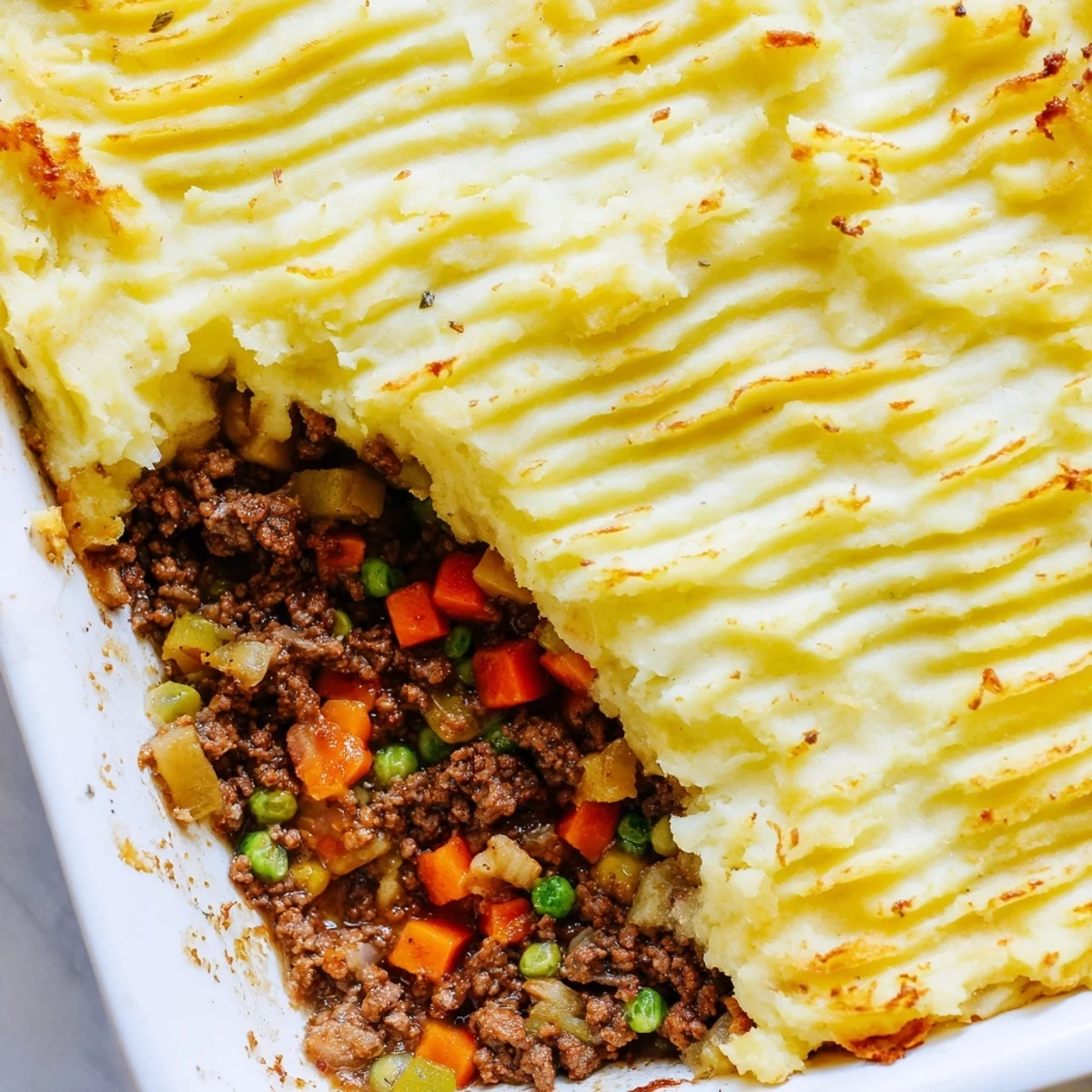 Hearty Shepherds Pie with seasoned ground beef, tender vegetables, and rich brown gravy topped with fluffy mashed potatoes.  