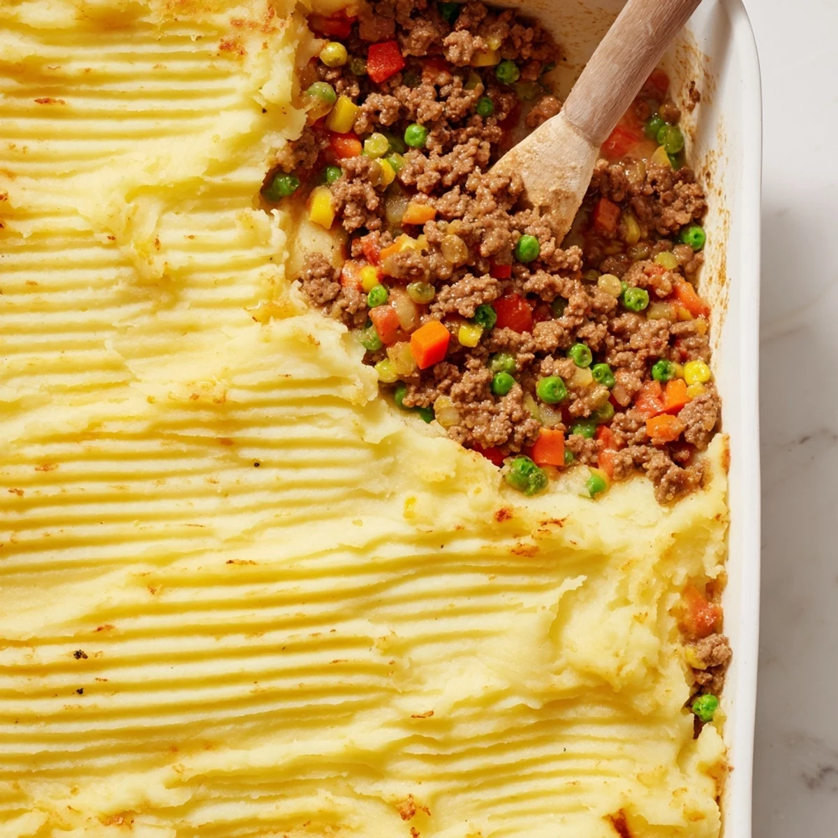 Comforting Shepherds Pie with a golden, broiled potato crust, ready to serve from a bubbling hot casserole dish.