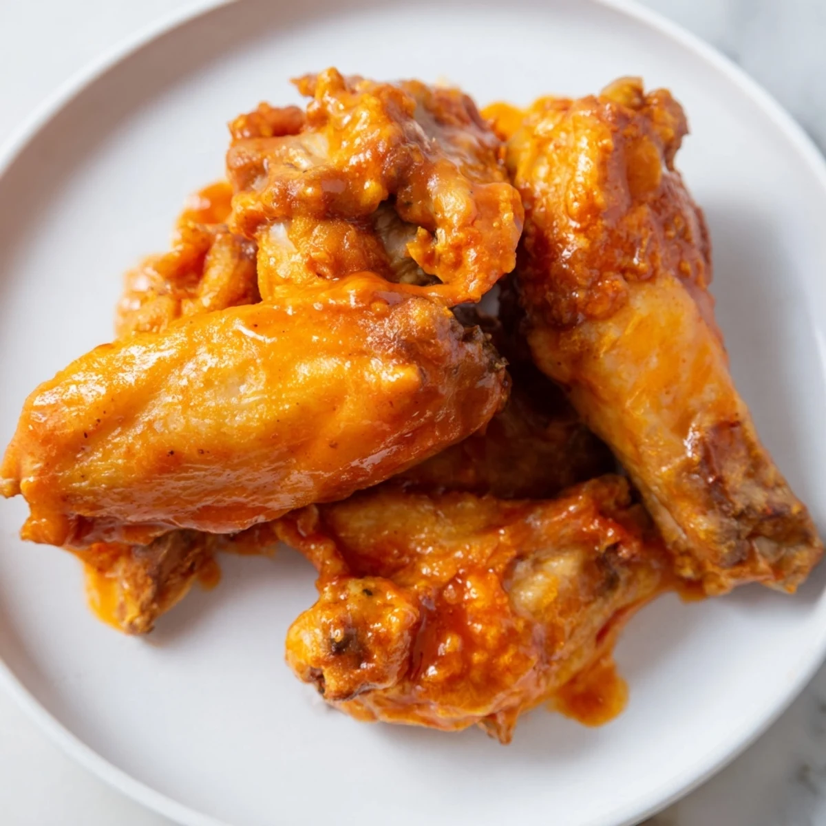 Golden-baked Chicken Wings with Buffalo Sauce glistening with spicy, tangy red sauce served with fresh celery sticks and creamy dip.  