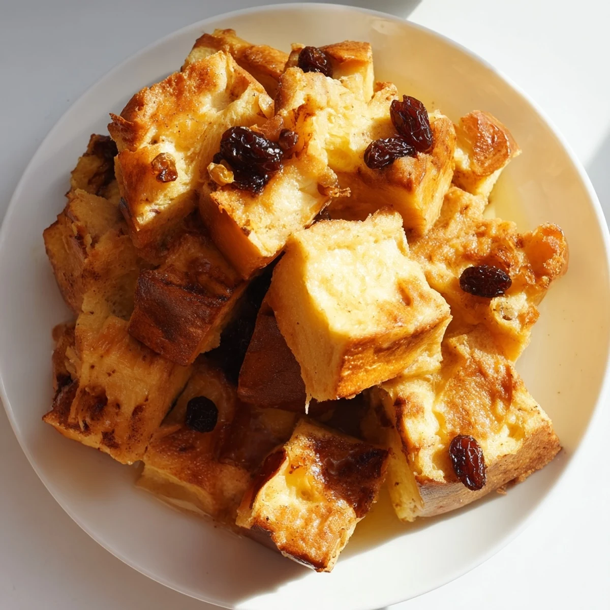 Golden-brown Bread Pudding with Raisins rests in a ceramic dish, with a warm spoonful ready to serve.