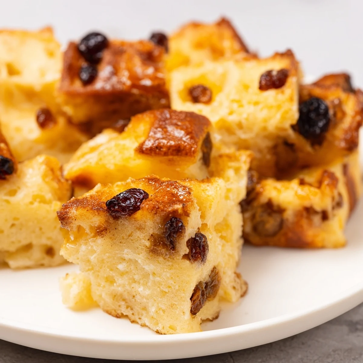 Freshly baked Bread Pudding with Raisins, dusted with powdered sugar and served on a rustic plate.