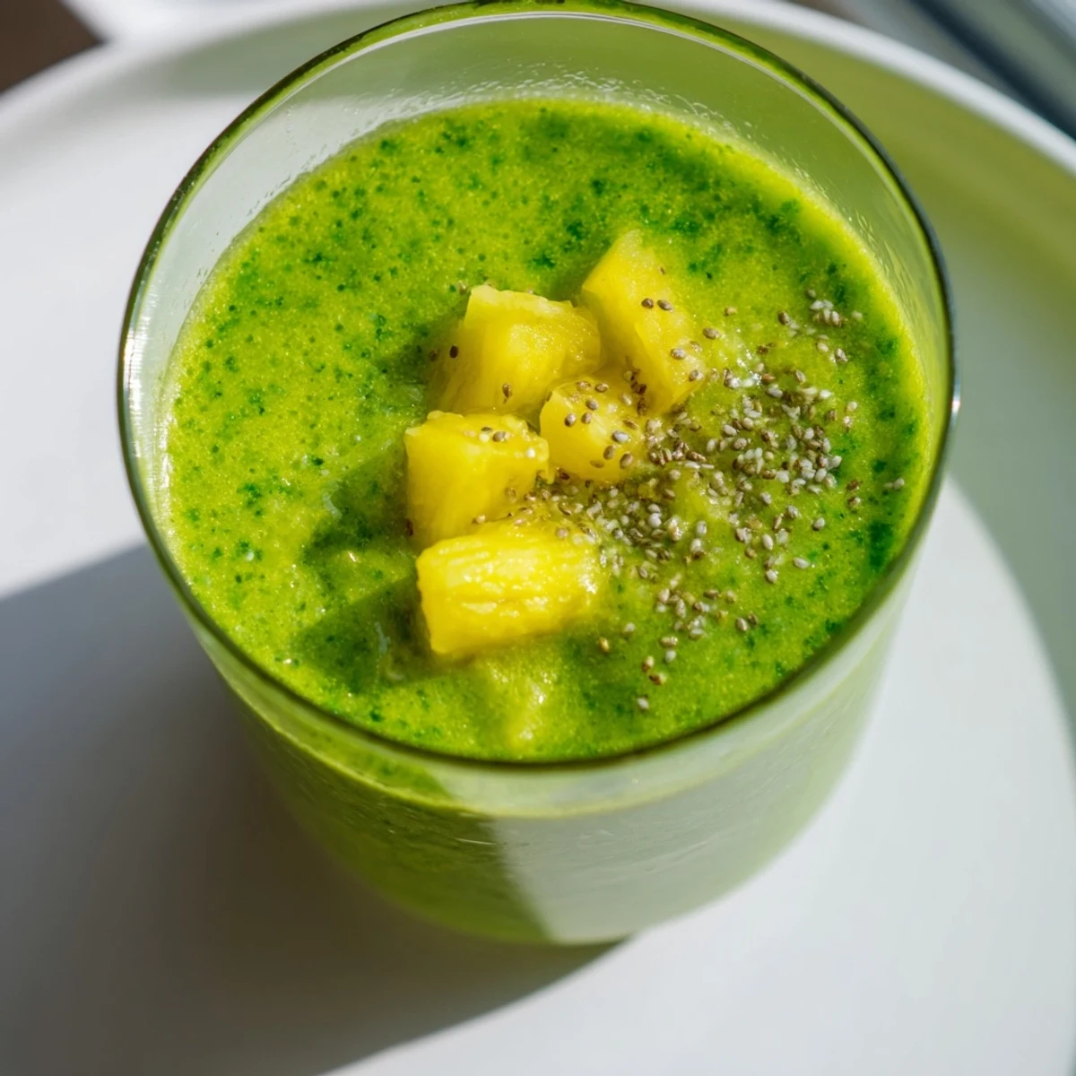 A frosty glass of Green Smoothie with Kale and Pineapple, garnished with fresh kale leaves and a vibrant pineapple wedge.