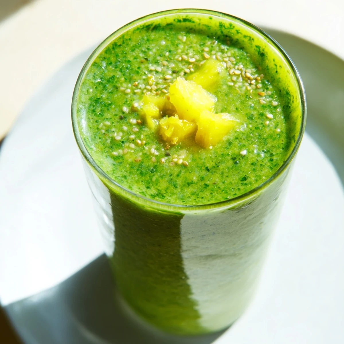 In a sunny kitchen, two glasses of Green Smoothie with Kale and Pineapple shine beside fresh pineapple and sliced banana.