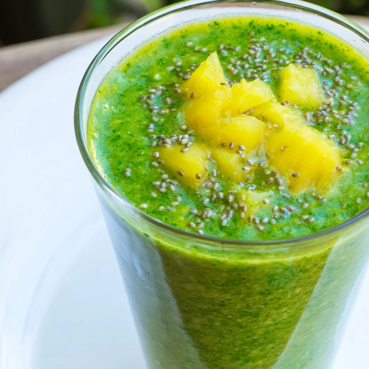 The bright green Green Smoothie with Kale and Pineapple is blended creamy with almond milk and orange juice, ready to sip.