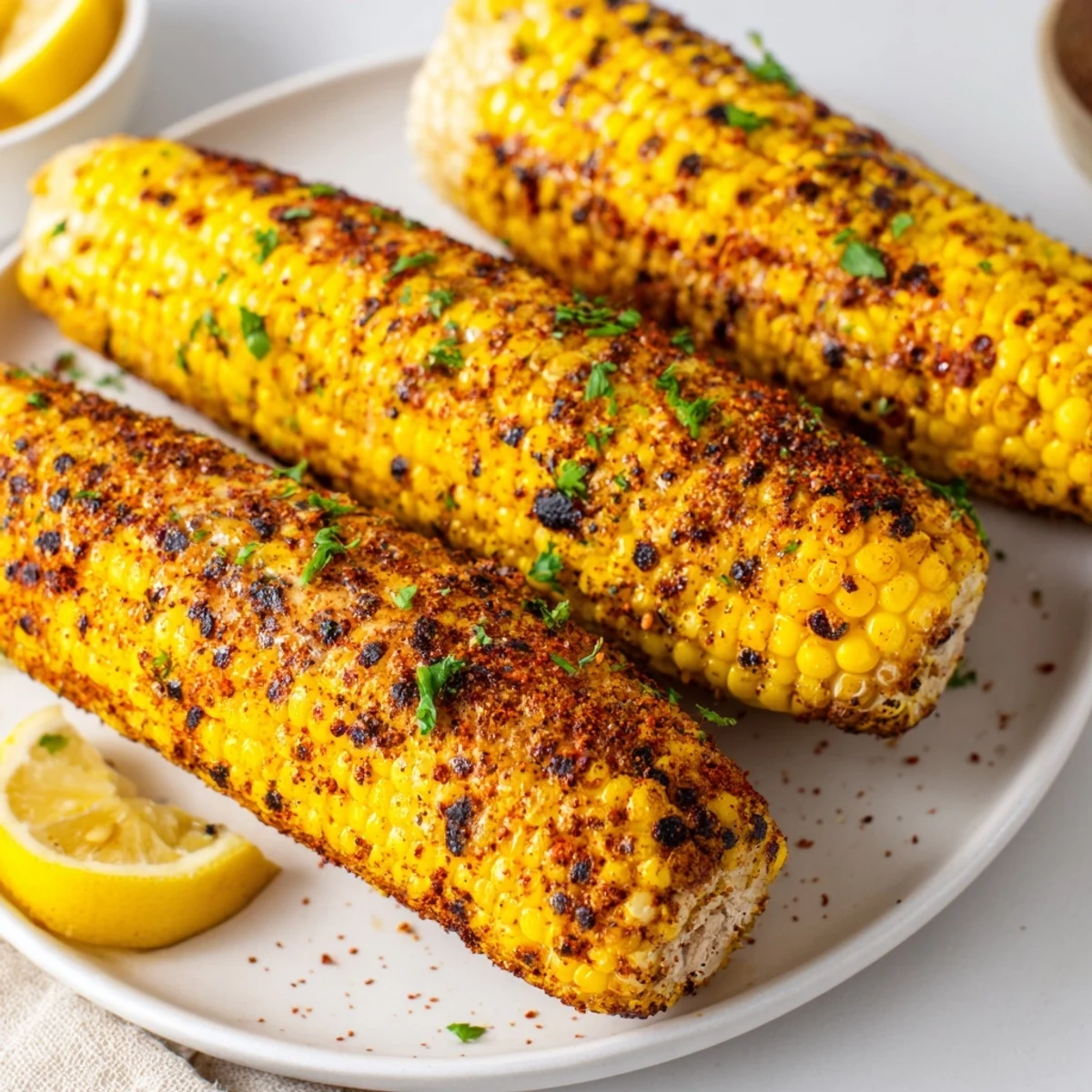 Freshly grilled corn on the cob glistens with a smoky Cajun spice blend, ready to serve.