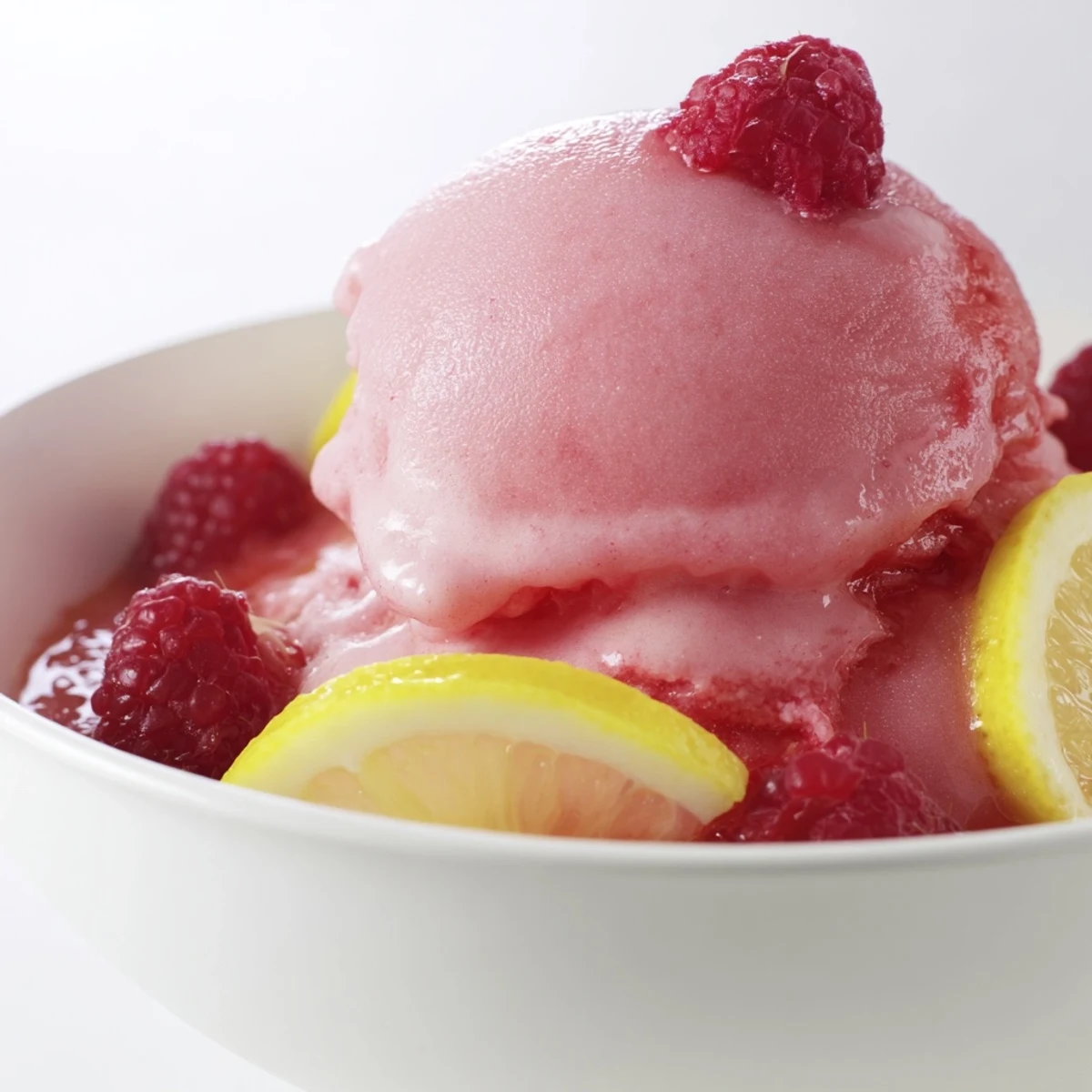 A vibrant pink punch with raspberry sherbet, topped with floating raspberries and lemon slices, served in chilled glasses.