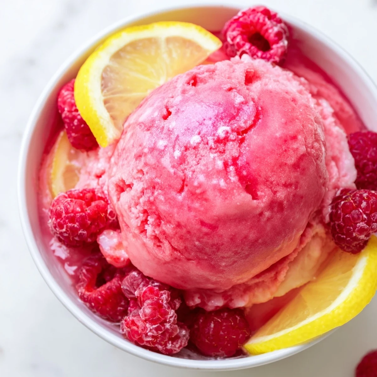 A refreshing pink punch with raspberry sherbet, garnished with fresh raspberries and lemon slices, in a punch bowl.