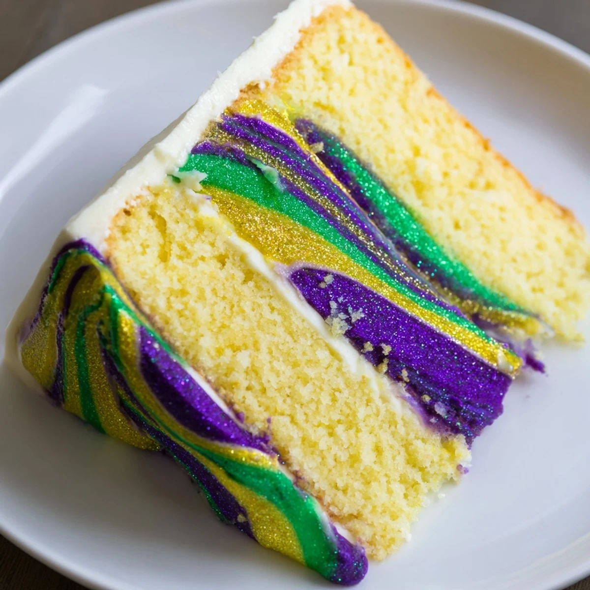 A freshly baked Mardi Gras Cake with Tricolor Icing displays vibrant purple, green, and gold swirls on a fluffy two-layer dessert.  