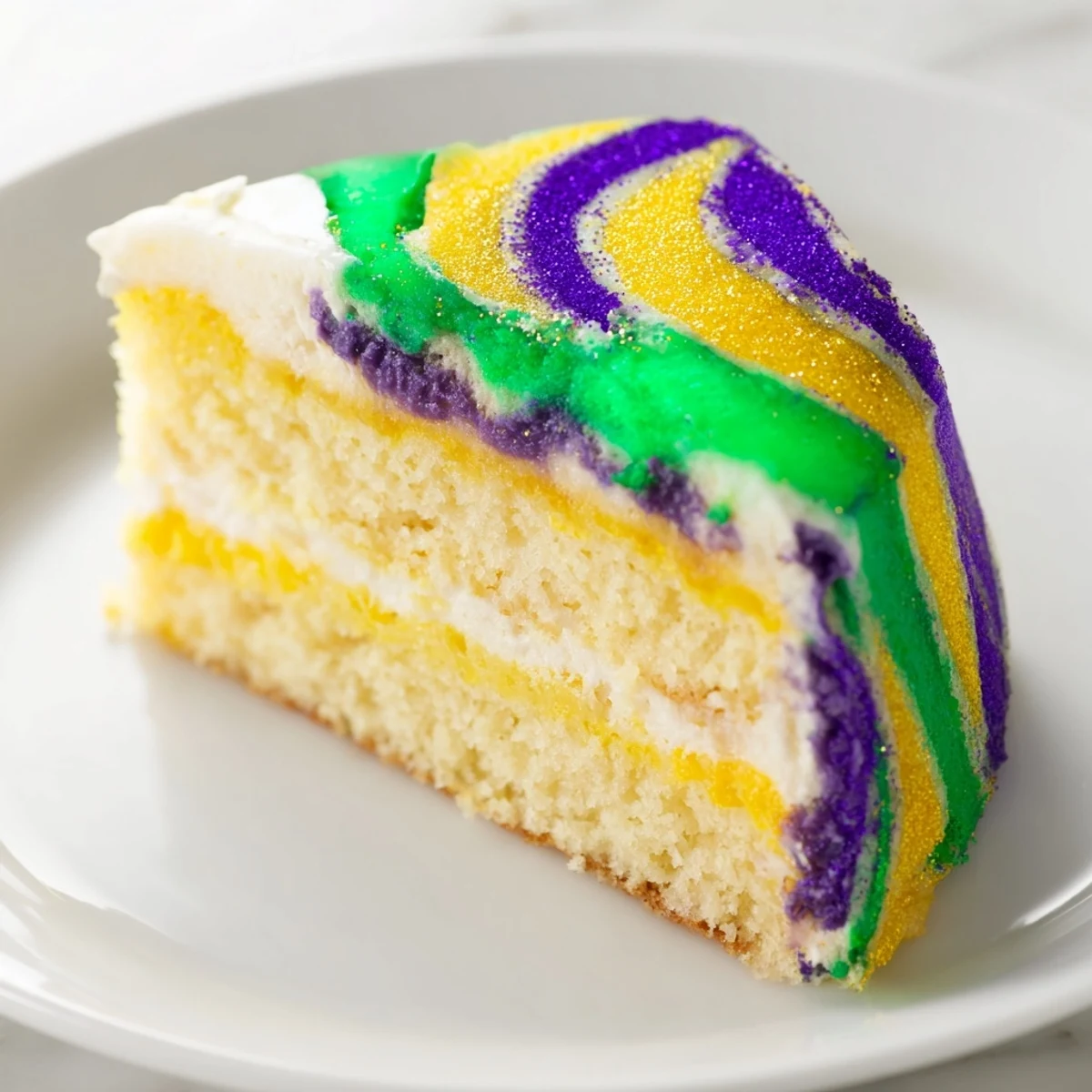 Sliced Mardi Gras Cake with Tricolor Icing reveals moist vanilla layers and bold, creamy stripes of purple, green, and gold.  