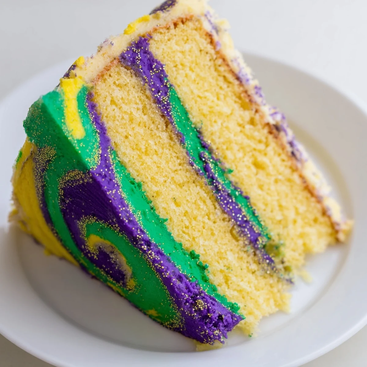 A decorative slice of Mardi Gras Cake with Tricolor Icing, topped with festive sprinkles, sits ready for a festive celebration.