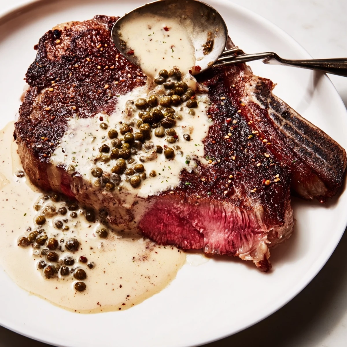 Tender ribeye steak with creamy peppercorn sauce, served on a plate with fresh herbs.