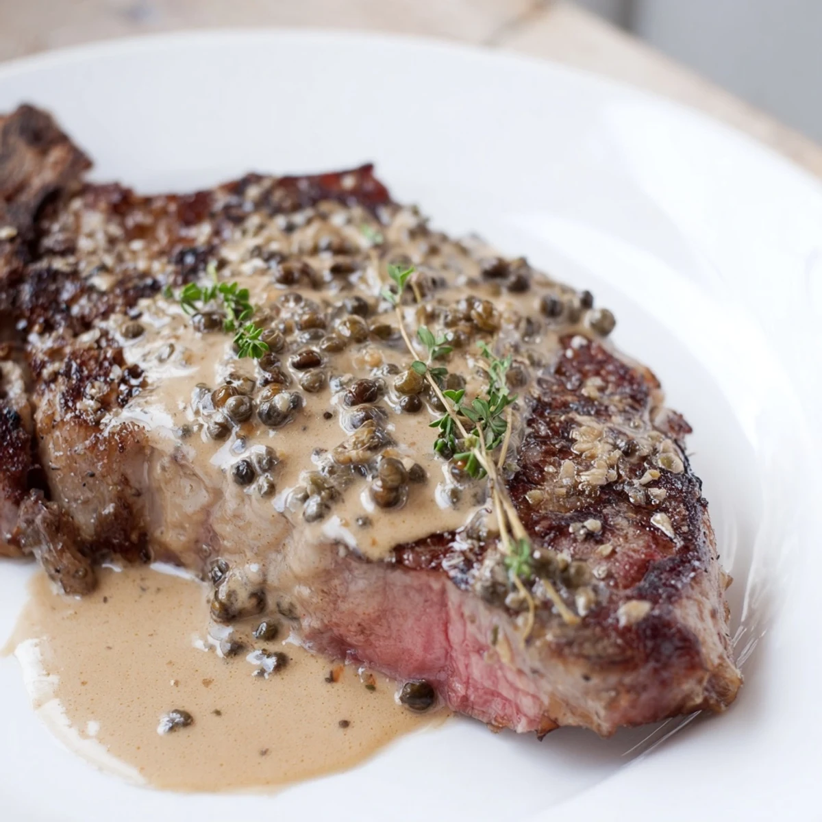 Classic steak with peppercorn sauce, rich and velvety, paired with golden mashed potatoes.