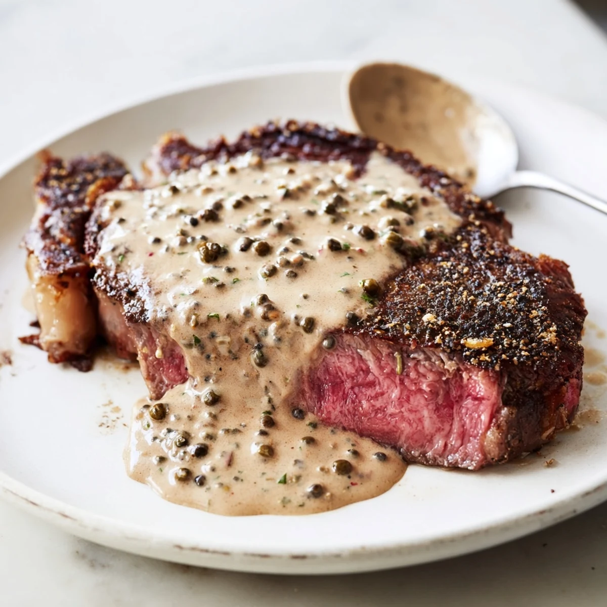 Sizzling steak with peppercorn sauce, garnished with green peppercorns and a sprig of thyme.