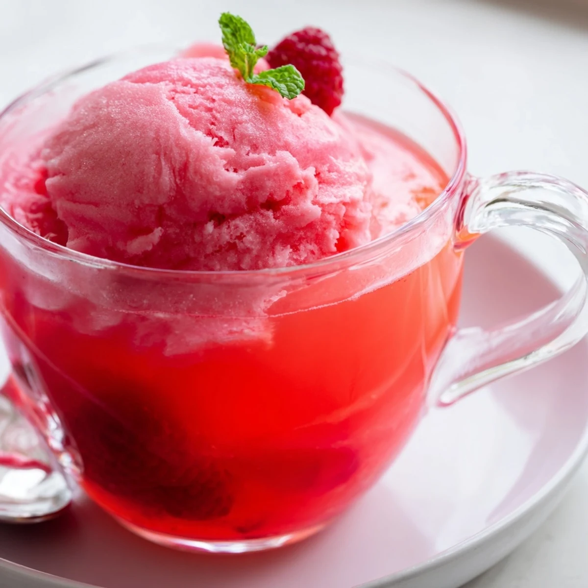 A vibrant Pink Punch with Raspberry Sherbet floating in a clear bowl, garnished with fresh raspberries and mint sprigs for a festive touch.  