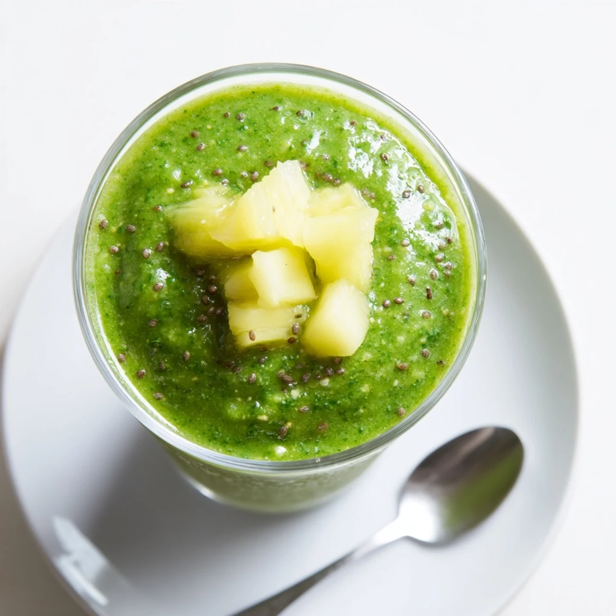 A vibrant green smoothie with kale and pineapple sits in a clear glass, topped with a fresh kale leaf.