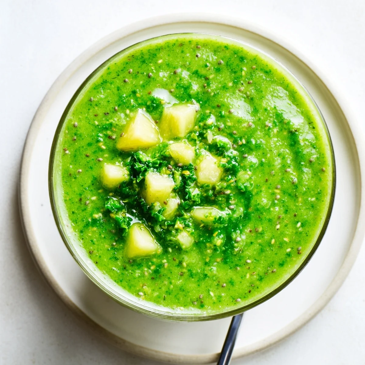 Creamy kale and pineapple smoothie garnished with chia seeds and a lemon wedge, perfect for breakfast.