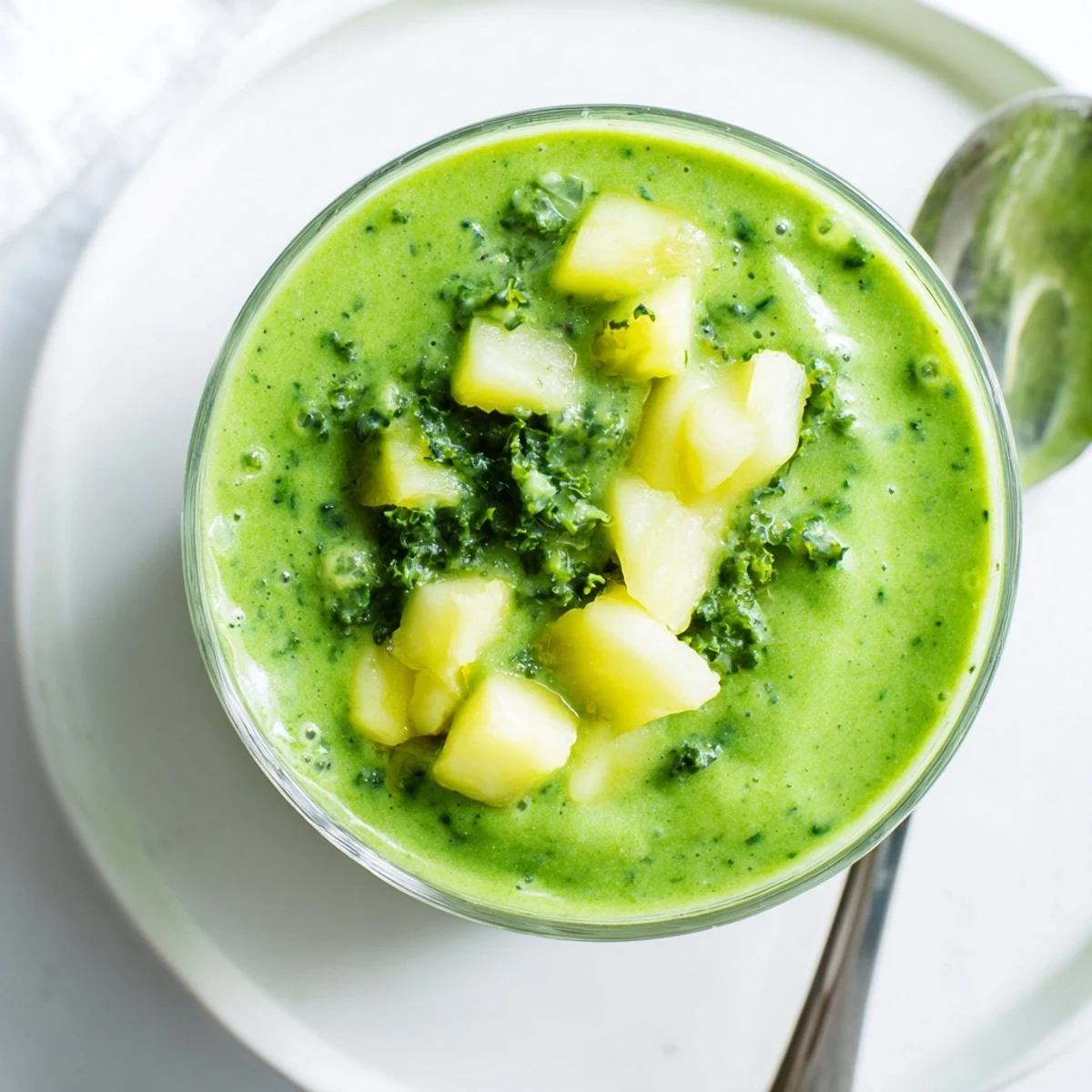 Poured Green Smoothie with Kale and Pineapple showing creamy texture and fresh fruit slices beside the glass.