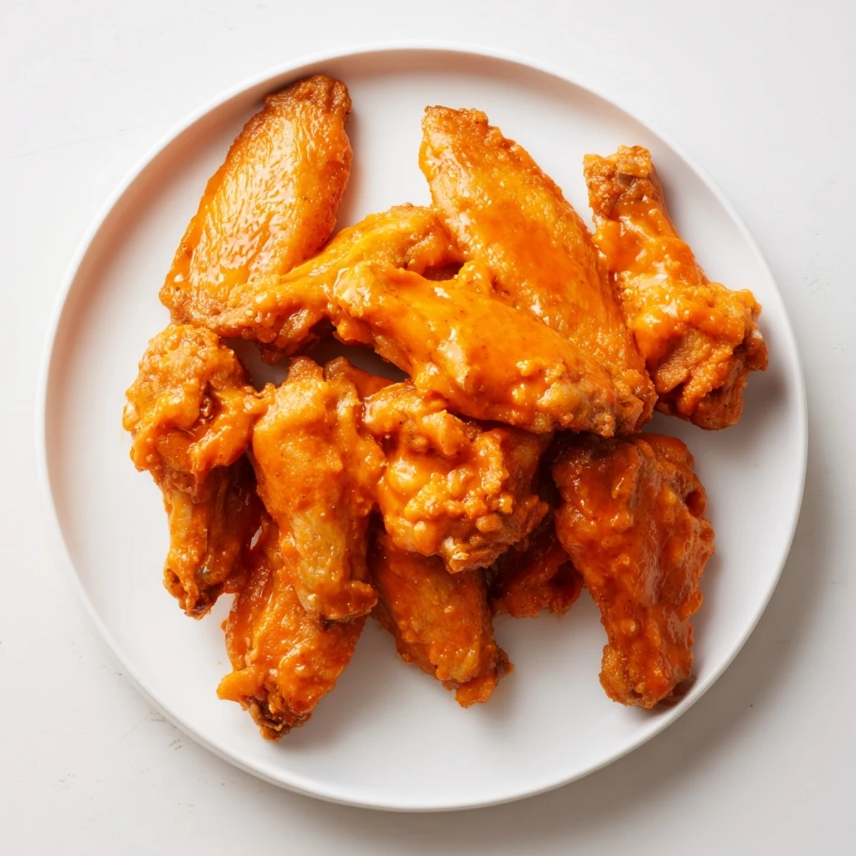 Golden-brown crispy chicken wings with Buffalo sauce glistening on a platter, served with celery sticks and ranch dressing.