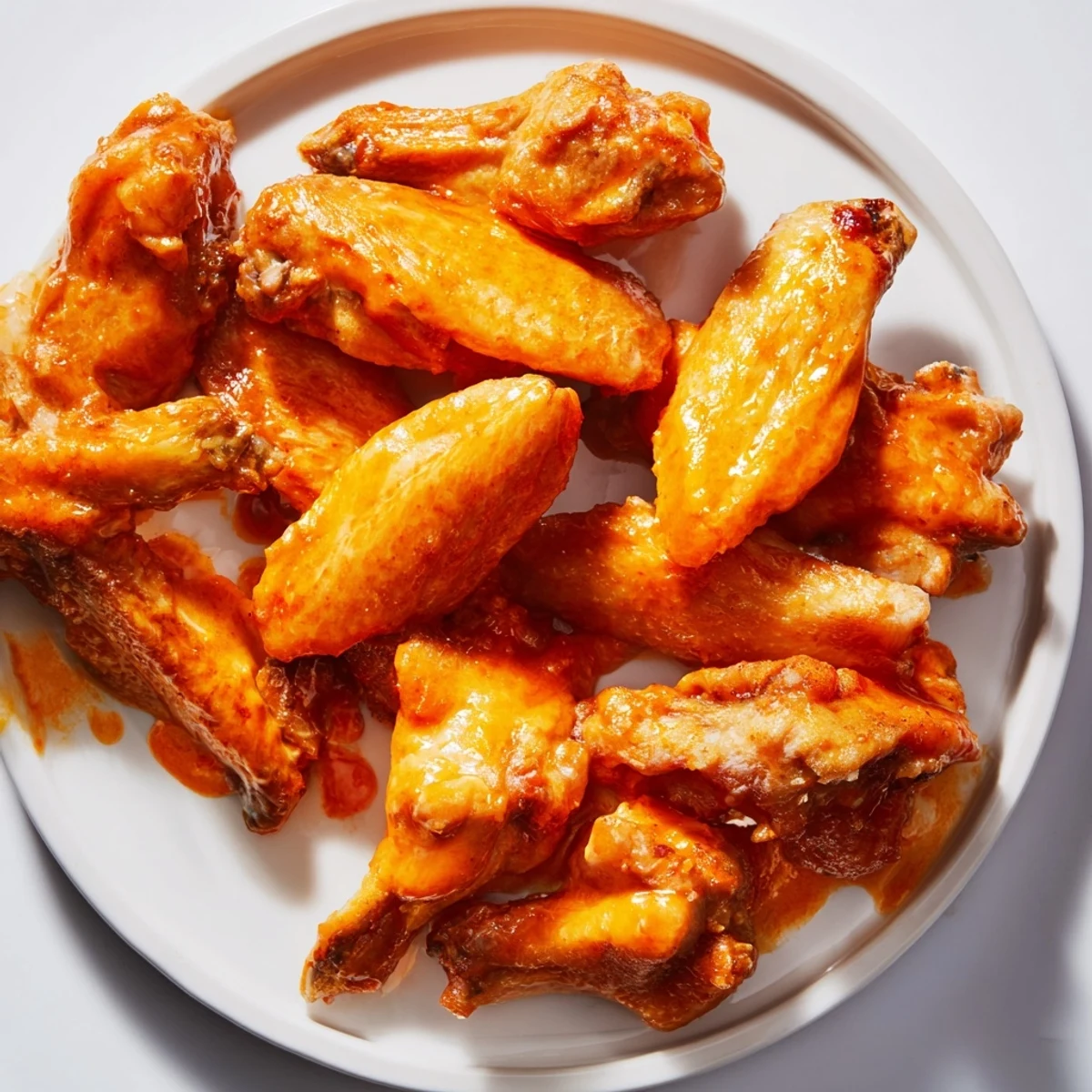Close-up of juicy Buffalo chicken wings with blue cheese dip, celery, and carrot sticks on a rustic board.