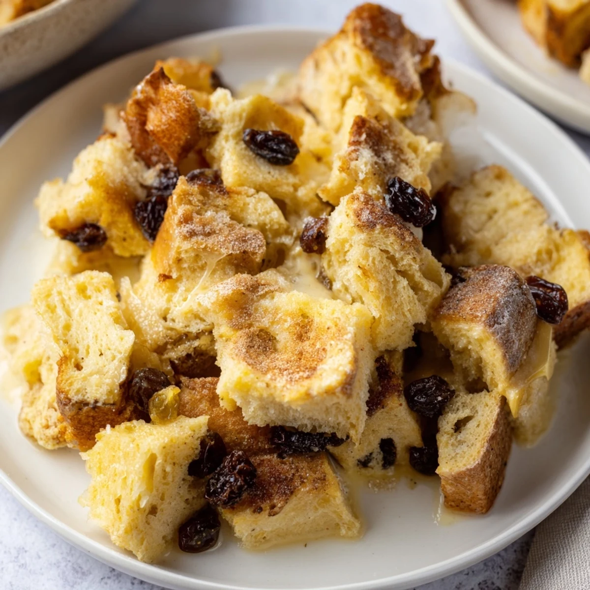 A warm slice of Bread Pudding with Raisins, featuring golden, custard-soaked bread and plump raisins, served on a rustic plate.