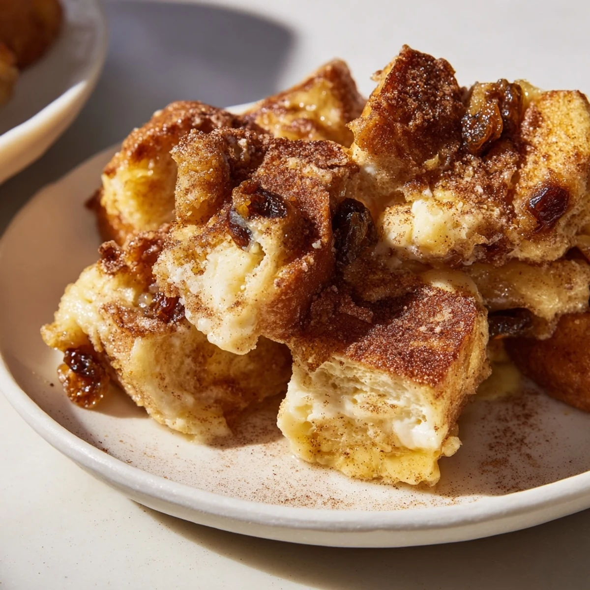 A close-up view of Bread Pudding with Raisins highlights moist bread cubes and sweet raisins, ready to be served warm for dessert.