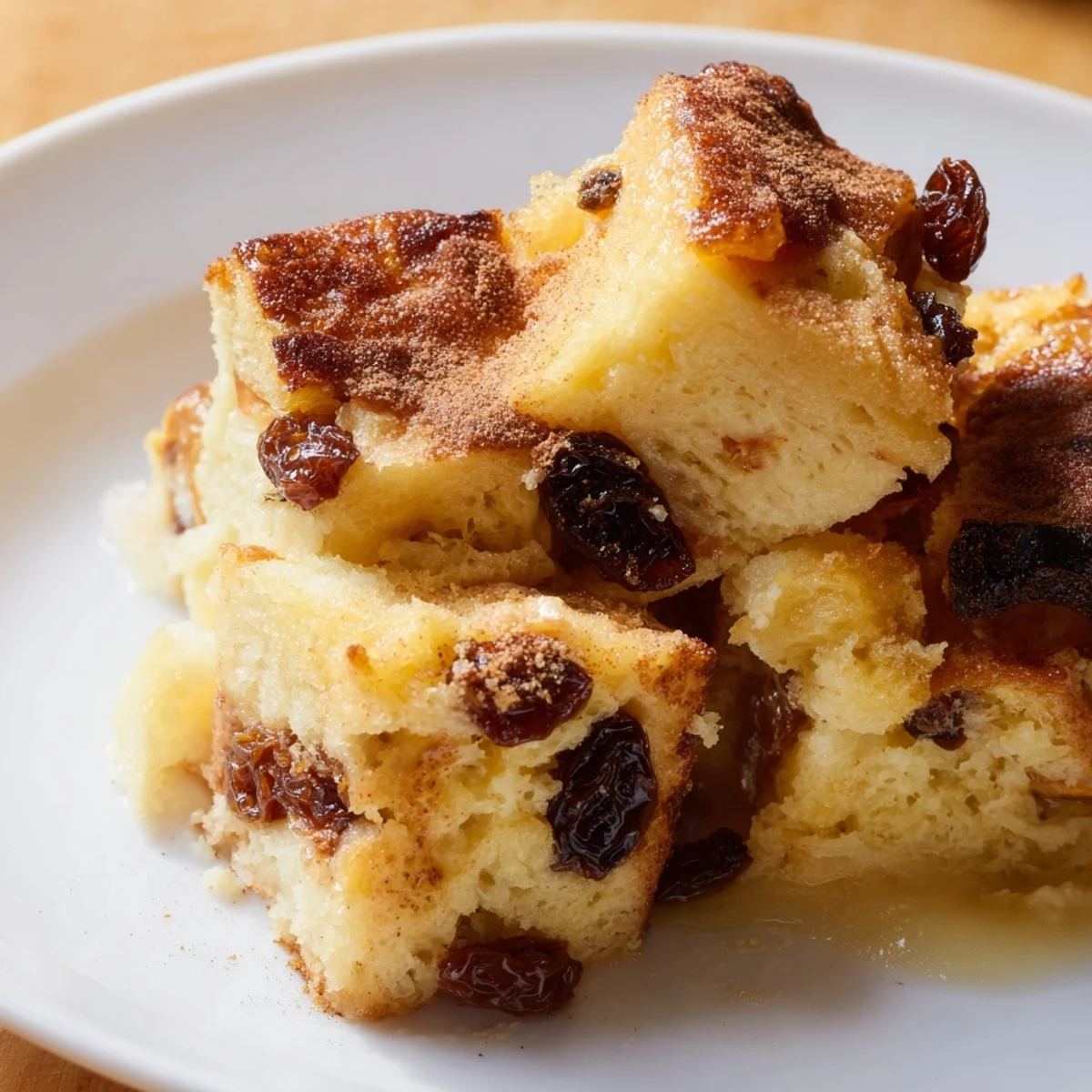Golden-brown Bread Pudding with Raisins emerges from the oven, boasting a fluffy texture and caramelized raisins in a rich custard base.
