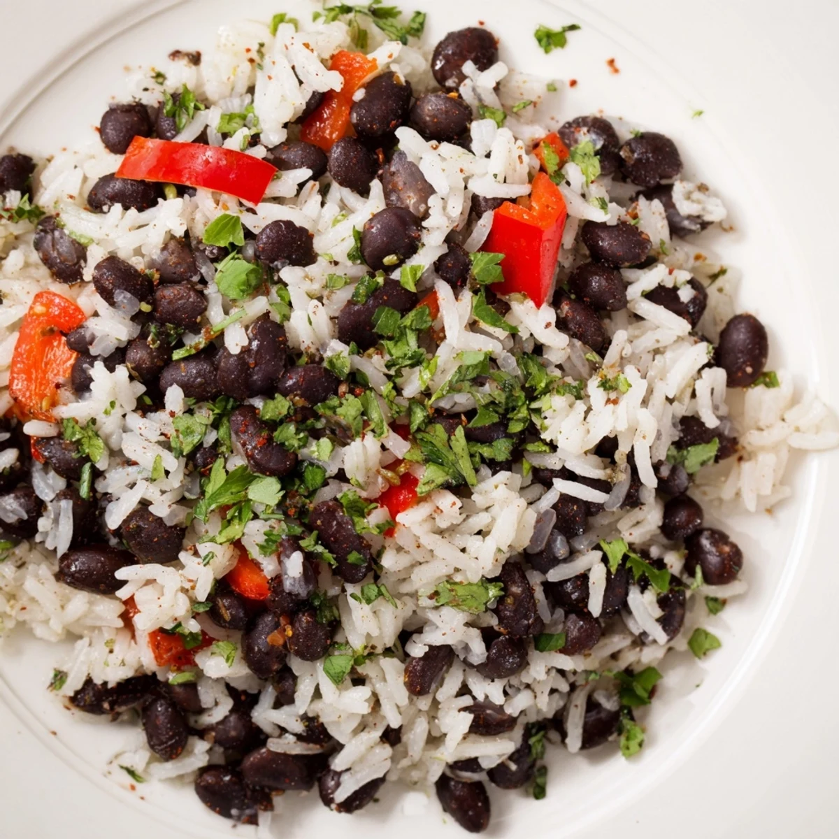 A close-up of fluffy, aromatic Rice and Beans with Spices, garnished with fresh cilantro and served with lime wedges.