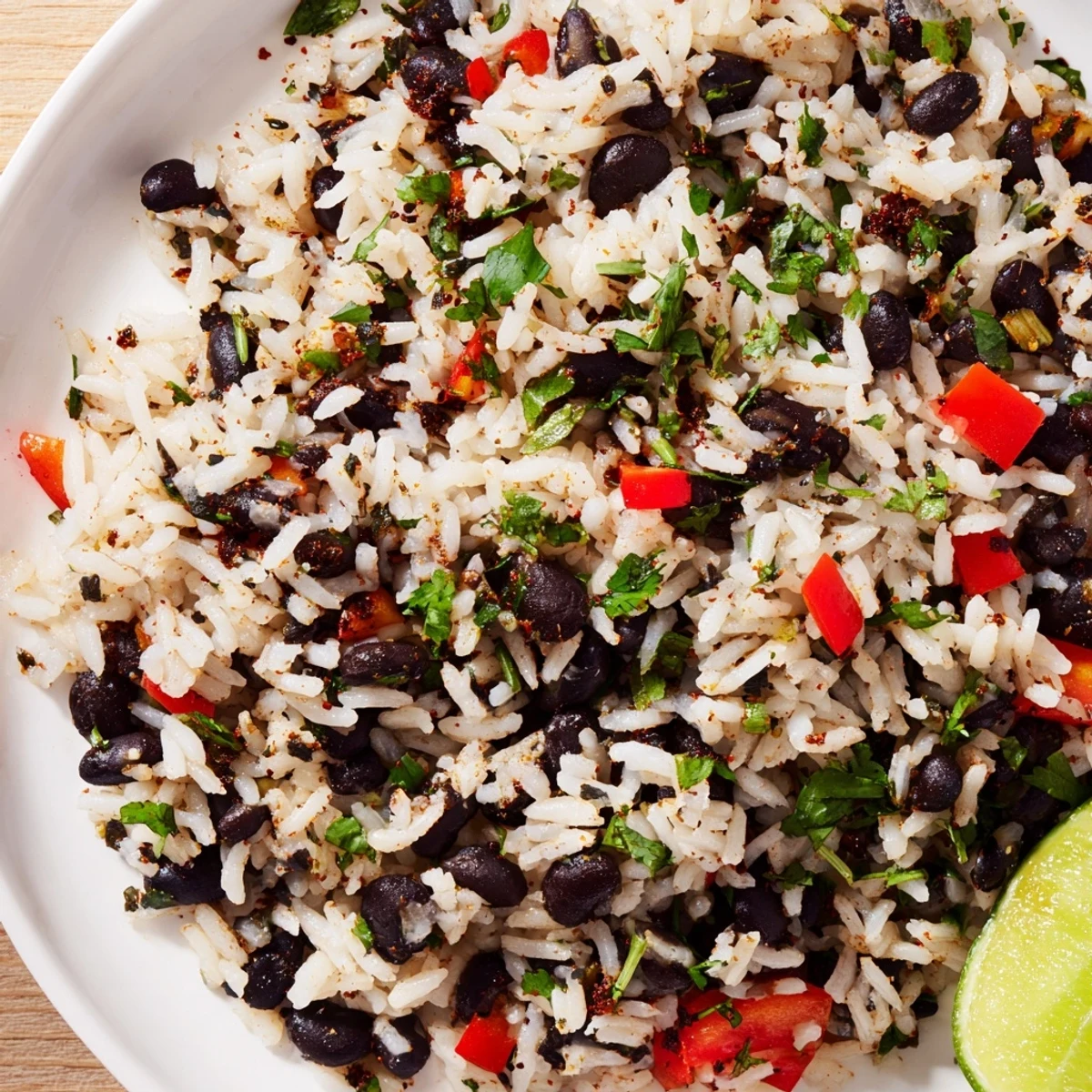 A serving of Rice and Beans with Spices topped with cilantro, ready to be enjoyed as a main course.