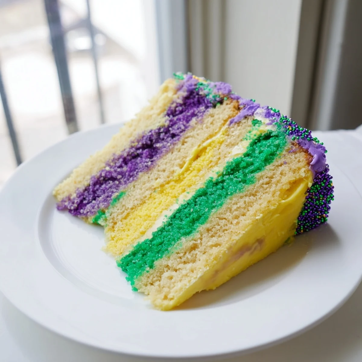 Golden, purple, and green tricolor icing swirls across this moist Mardi Gras Cake, showcasing its festive New Orleans-inspired layers.  