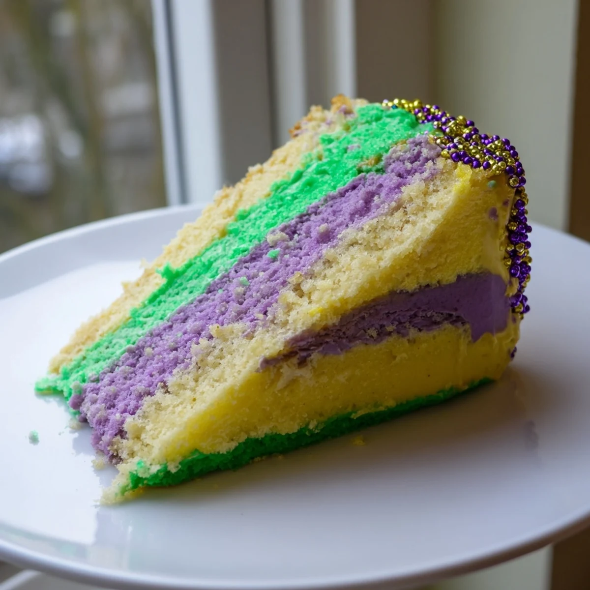 A close-up view of a slice of Mardi Gras Cake, revealing fluffy vanilla layers and vibrant purple, green, and gold icing.  