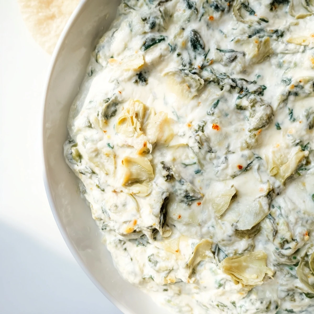Golden, cheesy Spinach Dip with Artichokes and Cheese bubbling in a dish, with fresh spinach and artichoke hearts visible.