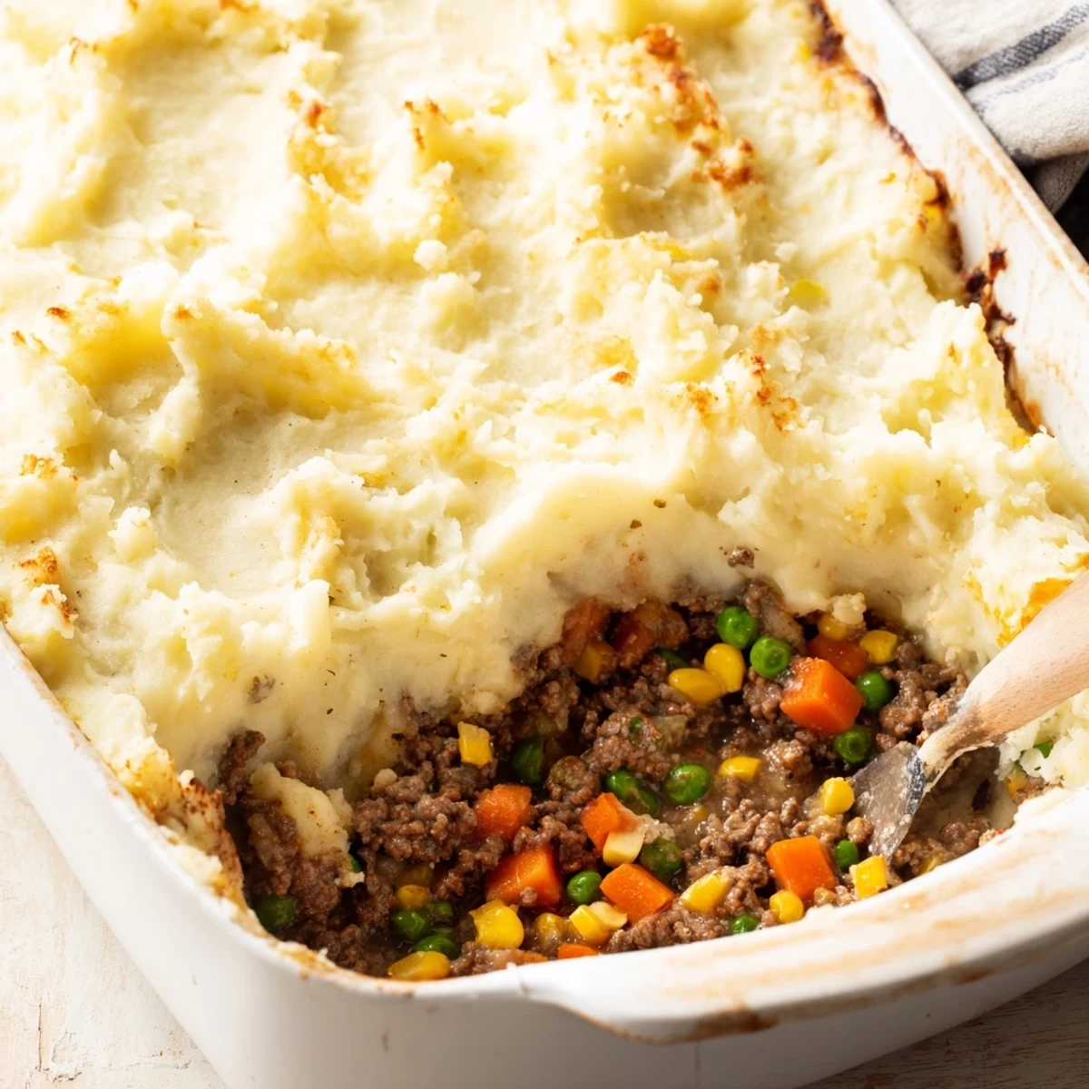 Savory Shepherd's Pie with Ground Beef features a rich, meaty filling with peas and carrots, crowned with fluffy mashed potatoes baked to perfection.