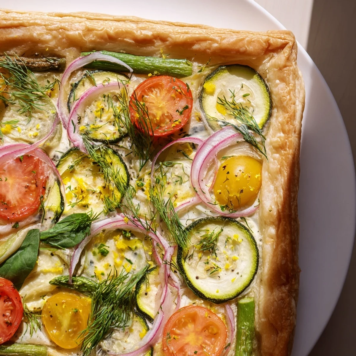 Slices of the flaky Spring Vegetable Tart with Puff Pastry are arranged on a white plate, revealing layers of fresh vegetables and herbs for a light lunch.