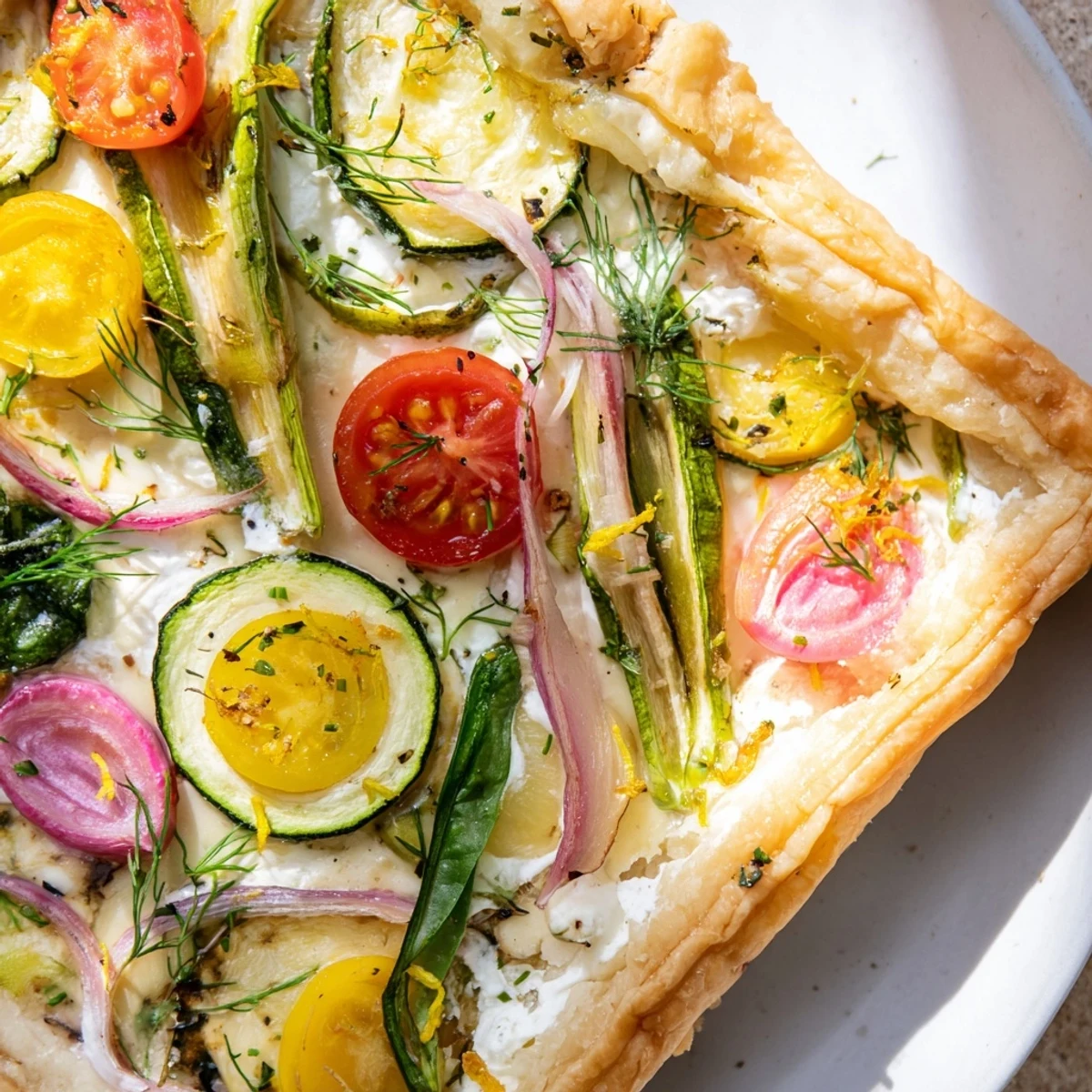 A fresh Spring Vegetable Tart with Puff Pastry sits on a rustic wooden table, featuring wilted spinach and red onion, ready to be served warm.