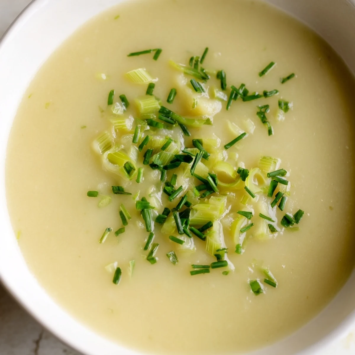 A close-up of Creamy Potato and Leek Soup, featuring a smooth, velvety texture and a garnish of chopped fresh chives for color.