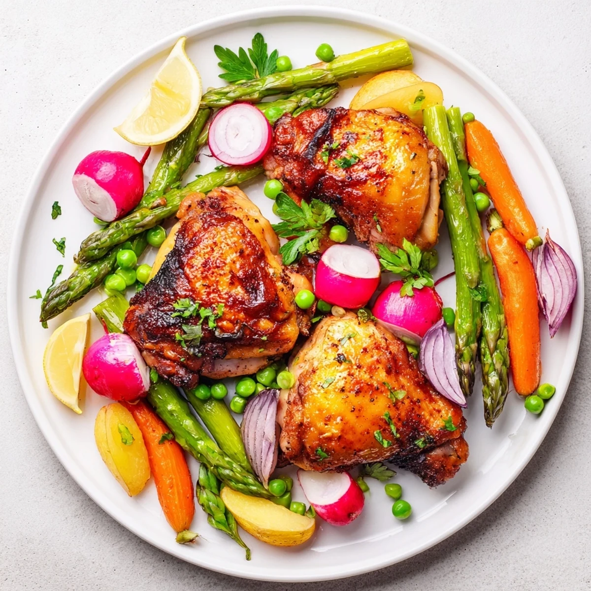 Juicy roasted chicken thighs with golden skin, nestled beside tender asparagus, carrots, and radishes on a sheet pan.