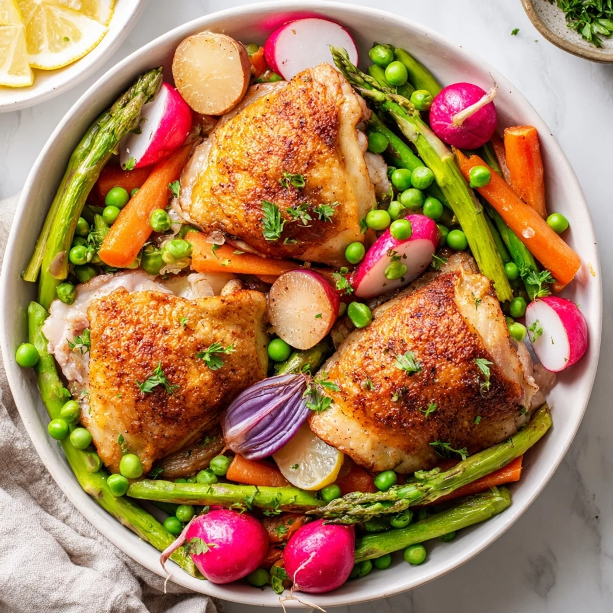 Fresh peas and bright lemon slices complement the roasted chicken with spring veggies, garnished with chopped parsley.