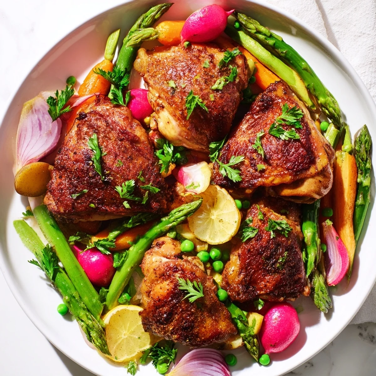 Savory roasted chicken with spring veggies served hot, with caramelized onion wedges and garlic cloves on a rustic plate.