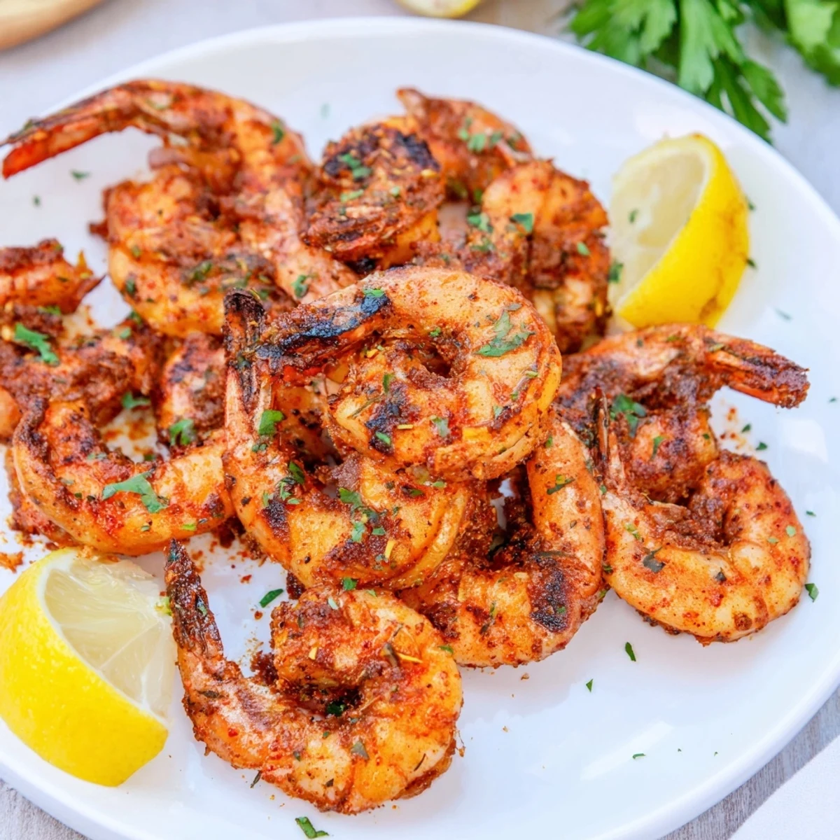 Sizzling Cajun Spiced Grilled Shrimp on a platter, garnished with fresh parsley and bright lemon wedges for a zesty finish.