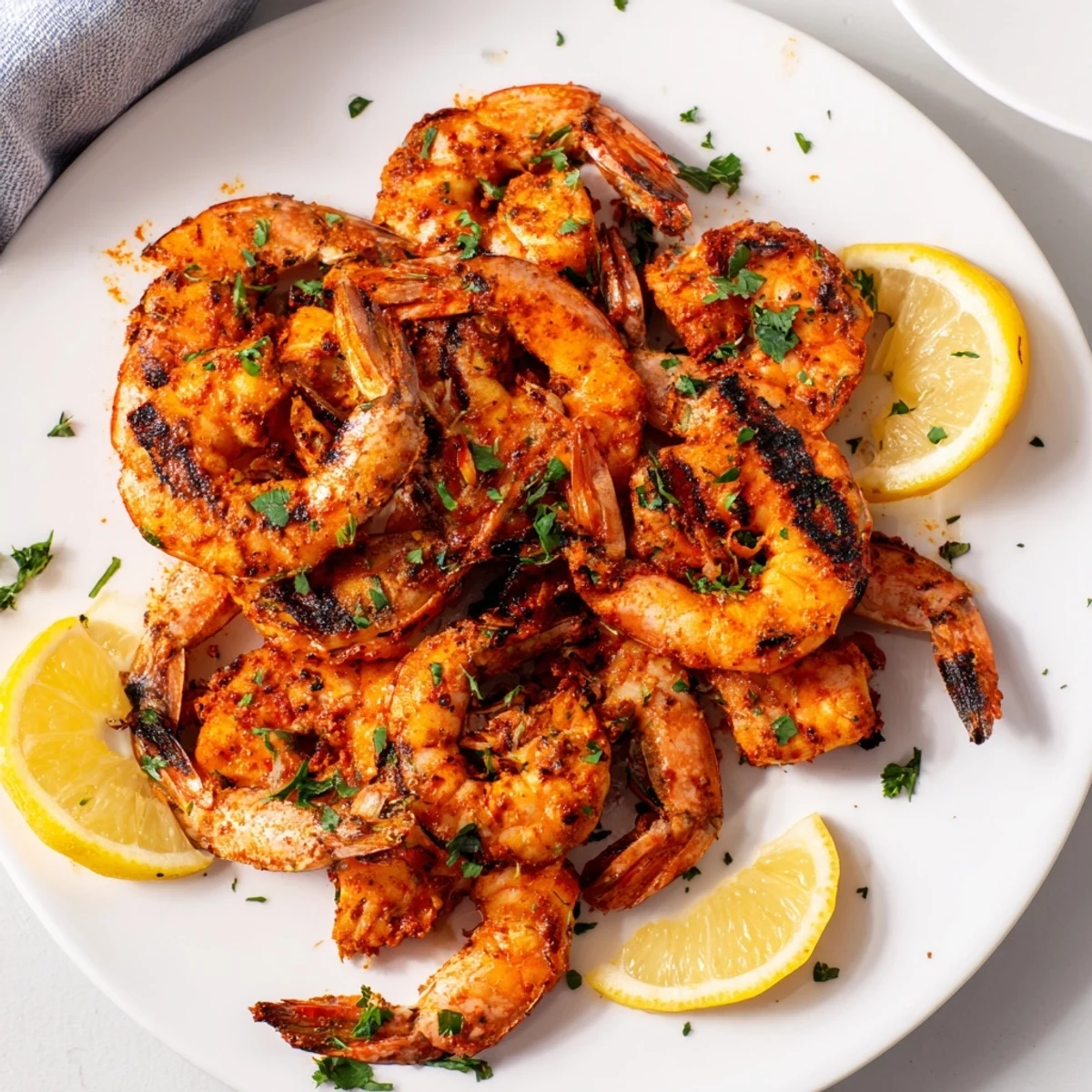 Plump Cajun Spiced Grilled Shrimp with smoky char marks, served alongside fluffy white rice and vibrant grilled vegetables.