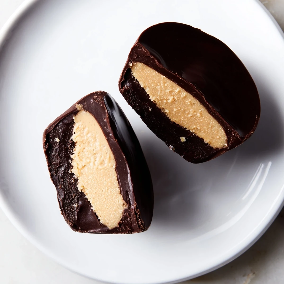 Homemade Chocolate Peanut Butter Cups on a plate, with visible layers of rich chocolate and creamy peanut butter filling.  