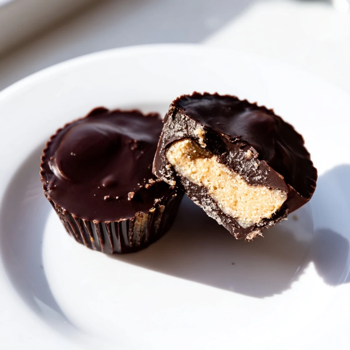 Close-up of a Chocolate Peanut Butter Cup broken in half, revealing the smooth peanut butter center inside.  