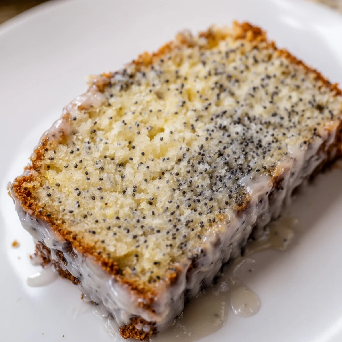 A freshly baked Lemon Poppy Seed Loaf glistening with tangy lemon glaze, resting on a wooden board with scattered lemon slices and poppy seeds nearby.
