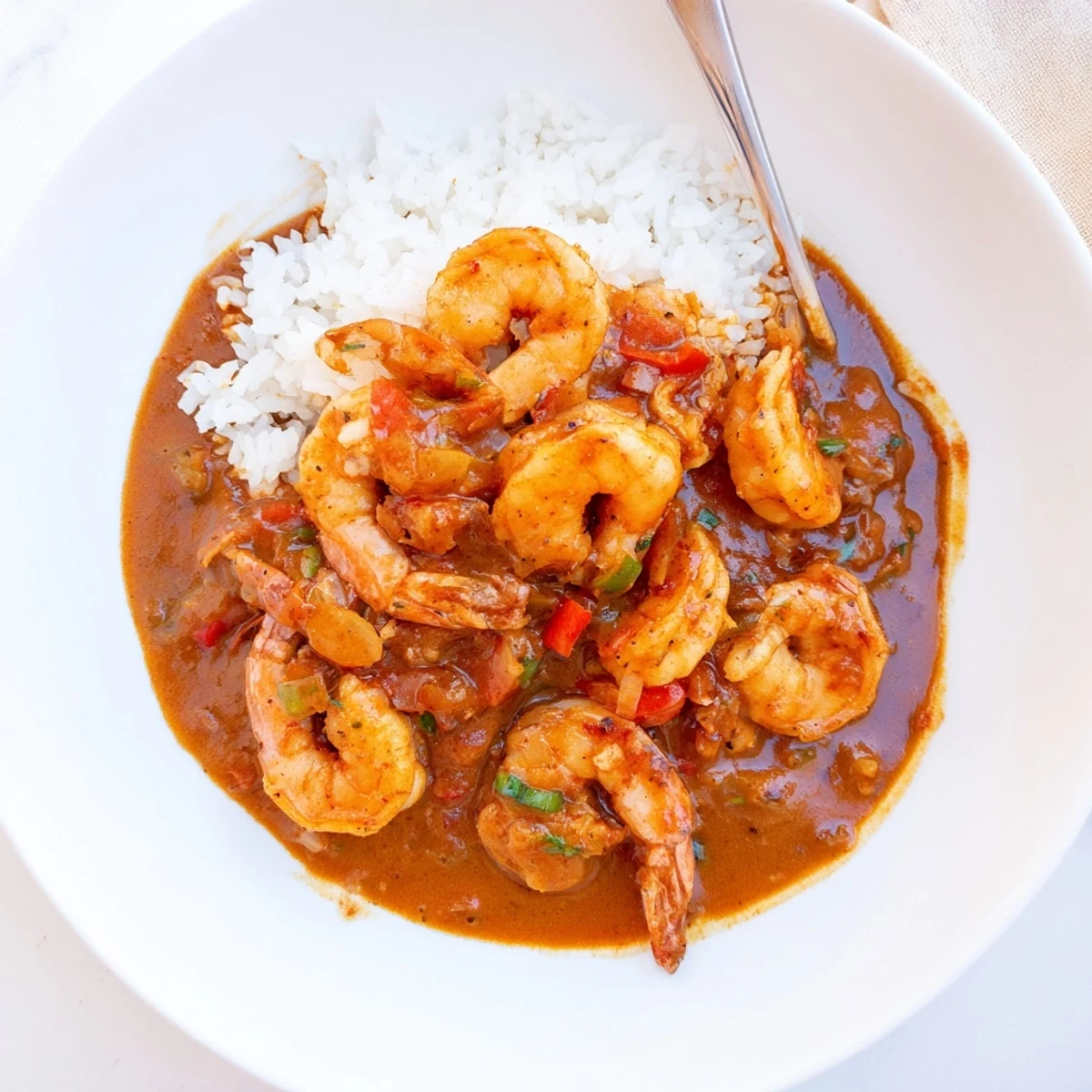 Mardi Gras Shrimp Étouffée simmering in a rich, spiced roux with the holy trinity of vegetables, served over fluffy white rice.
